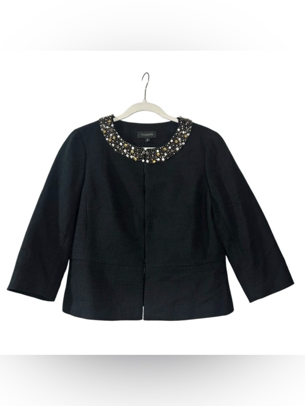 Talbots Black Embellished Collar Jacket Chic Beaded Neckline Cropped Blazer 12